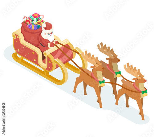 Isometric 3d Santa Claus Grandfather Frost Sleigh Reindeer Gifts Bag New Year Christmas Flat Design Icon Template Vector Illustration