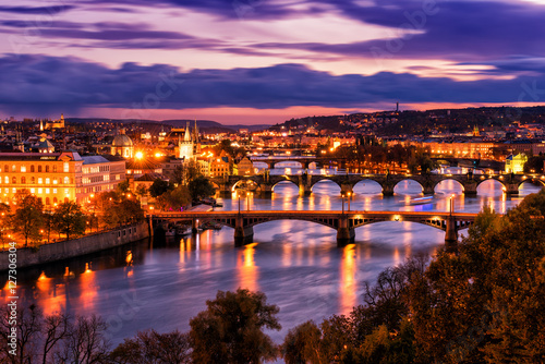 Aerial night view of Prague old town architecture and bridges