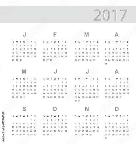 Vector of Calendar for 2017 on White Background. Simple Vector Template