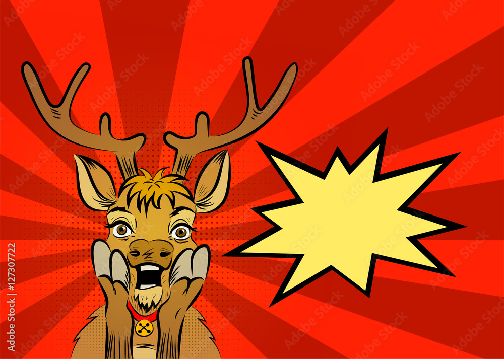 Fototapeta premium Vector surprised open-eyed christmas deer comics pop art style