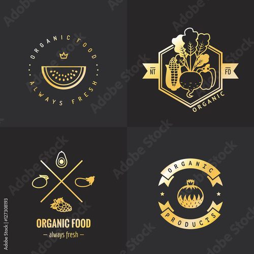 Organic food gold logo vintage vector set. Part one.