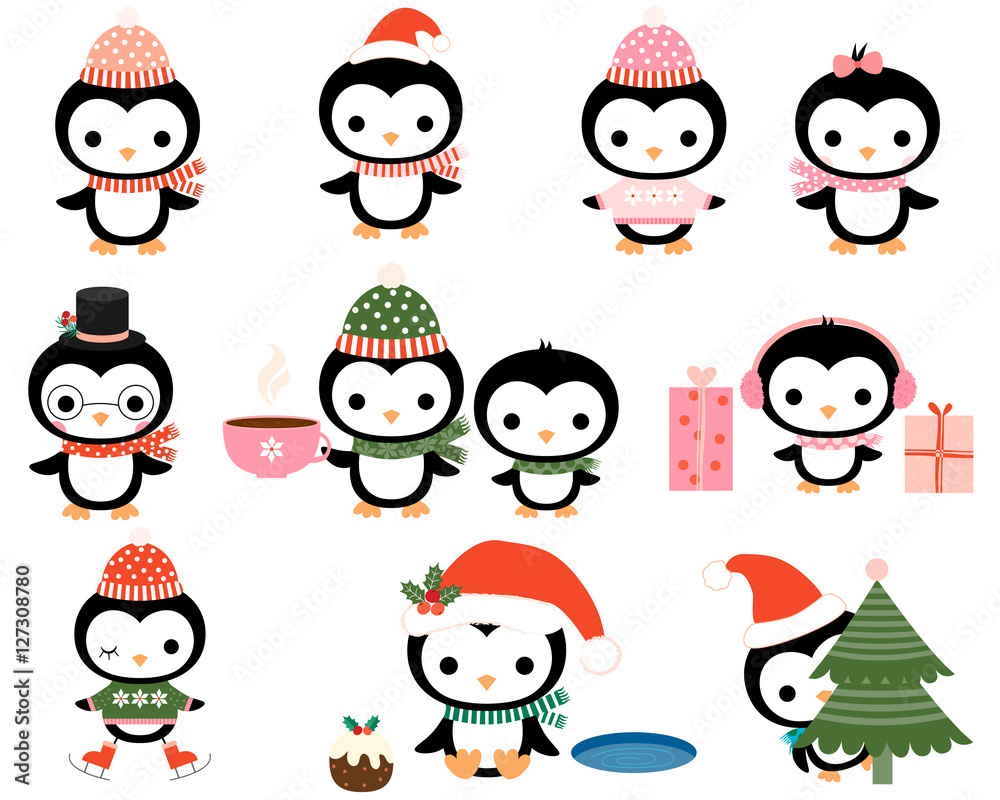 Obraz premium Cute Christmas penguins with hats, scarves for greeting cards, baby shower designs and invitations