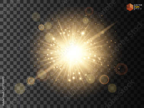 Transparent Golden Glow light effect. Star burst with sparkles