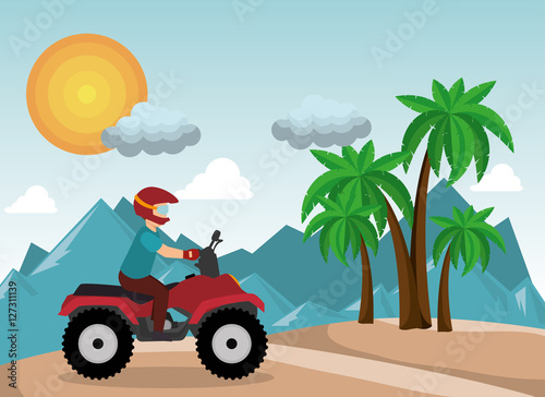 atv driver man beach mountain background vector illustration eps 10