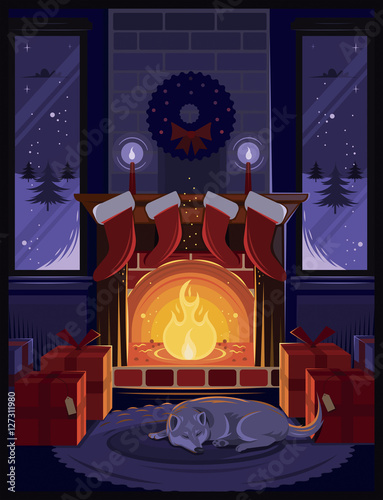 Chimenea en la noche de navidad, con regalos  y adornos