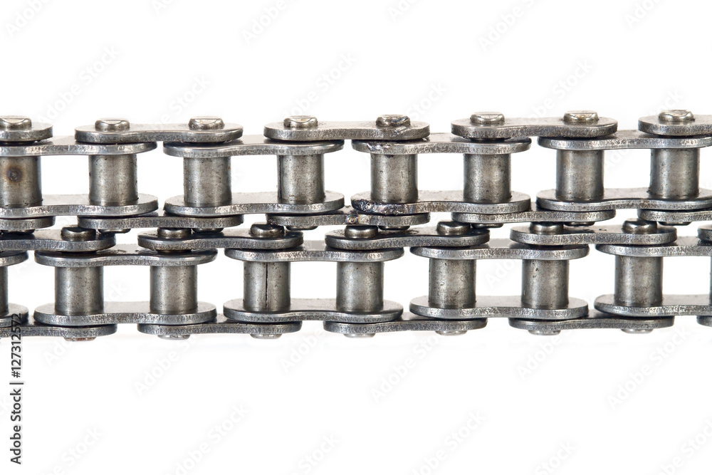 Roller chain / View of dirty roller chain on white background. Roller chain / View of dirty roller chain on white background.
