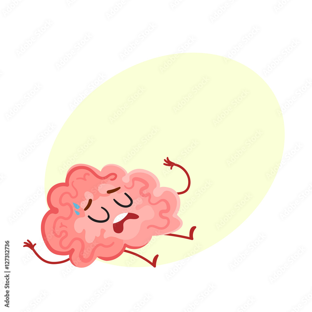 Funny tired, stressed out brain sweating and lying exhausted, cartoon  vector illustration on yellow background for text. Cute worn out brain  character as a symbol of stress and overtraining Stock Vector |