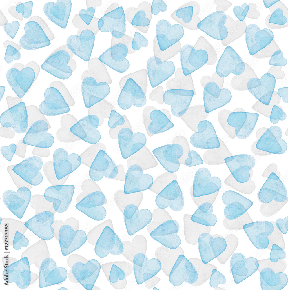 Seamless texture with blue and grey hearts pattern. Watercolor hand ...