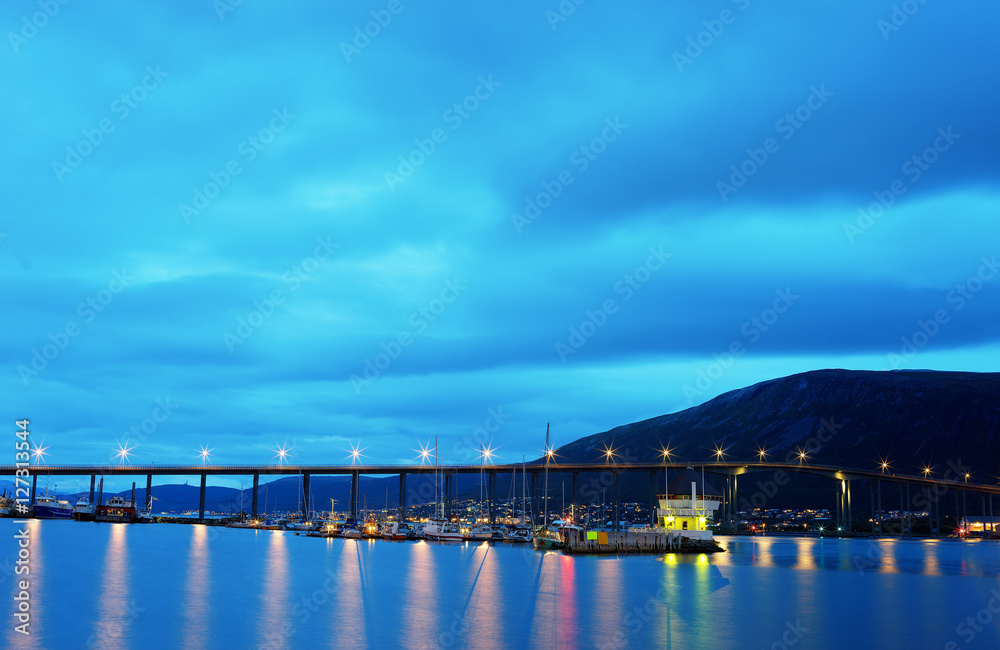 Norway night bridge with lights background
