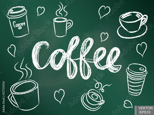 A set of cups for coffee on a chalkboard. Morning invigorating drink