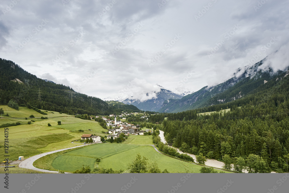 Landscape view with green valley and mountains, Surava, Switzerland