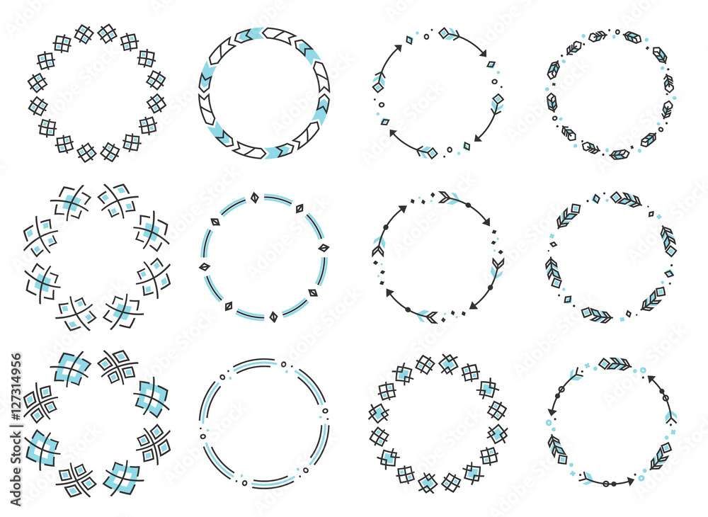 Set of ethnic style round ornaments. Vector frames with geometric shapes, feathers and arrows. Blue and grey