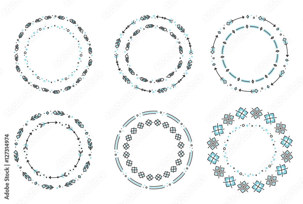 Set of ethnic style round ornaments. Vector frames with geometric shapes, feathers and arrows. Blue and grey Set of ethnic style round ornaments. Vector frames with geometric shapes, feathers and arrows. Blue and grey
