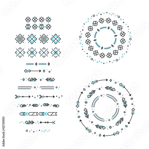 Set of blue ethnic vector brushes and borders. Modern style grey ornaments with geometric shapes and arrows