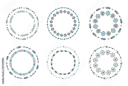 Set of ethnic style round ornaments. Vector frames with geometric shapes, feathers and arrows. Blue and grey