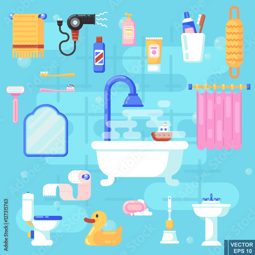 Set icons of bath and toilet isolated Elements for bathroom interior Vector illustration in flat style