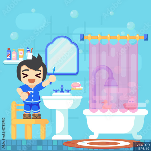 Smile Boy brushing teeth shower in bathroom. Modern flat vector illustration