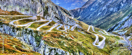 Serpentine road to the St. Gotthard Pass in the Swiss Alps photo