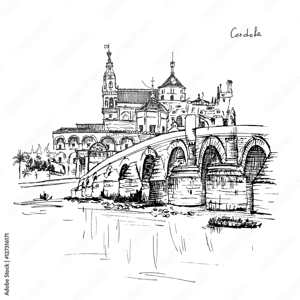 Great Mosque Mezquita - Catedral de Cordoba and Roman bridge across Guadalquivir river, Cordoba, Andalusia, Spain
