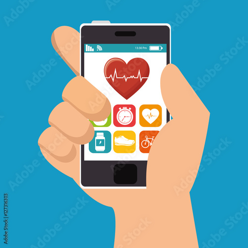 hand hold smarphone fitness application vector illustration eps 10