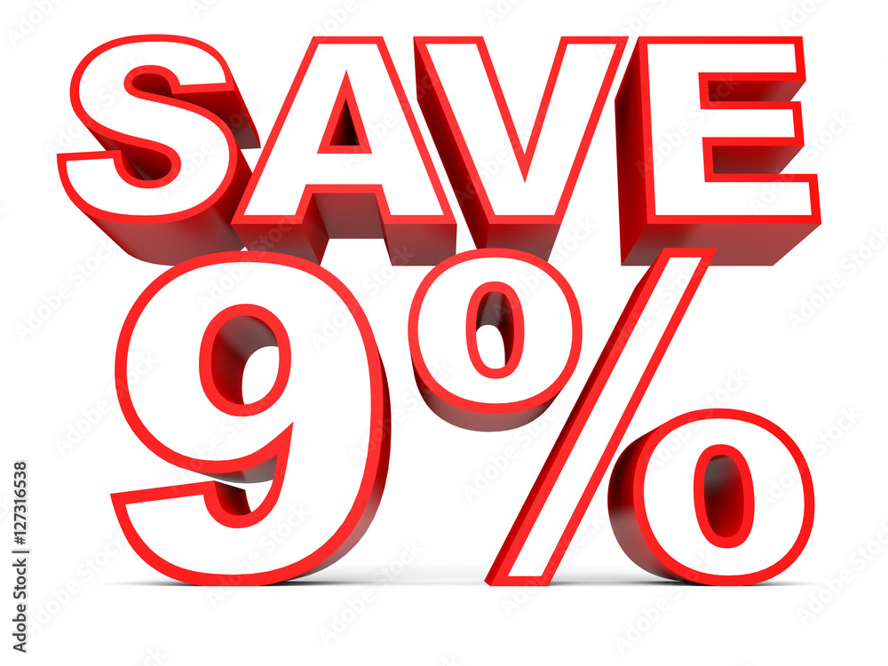 Discount 9 percent off. 3D illustration on white background. Discount 9 percent off. 3D illustration on white background.