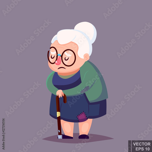cartoon poor Senior woman in old clothes with cane and glasses. Vector illustration.
