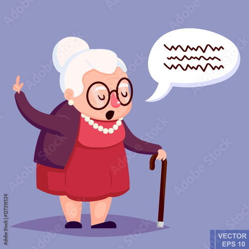 Old woman with cane. Senior lady glasses talking warning her finger up. Vector illustration.