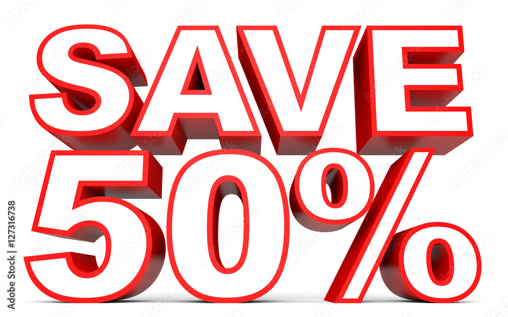 Discount 50 percent off. 3D illustration on white background. Discount 50 percent off. 3D illustration on white background.