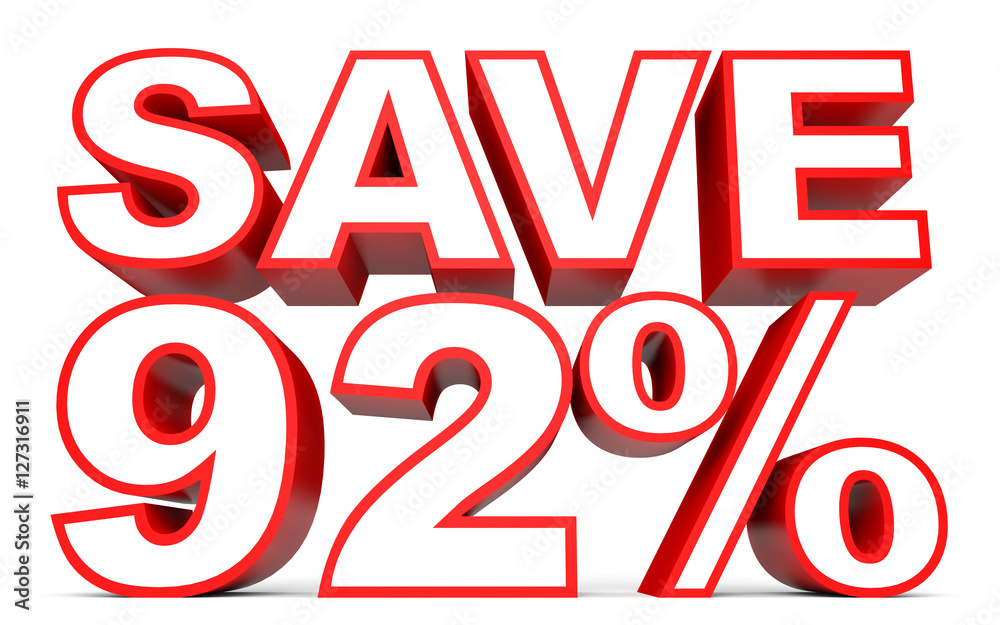 Discount 92 percent off. 3D illustration on white background.