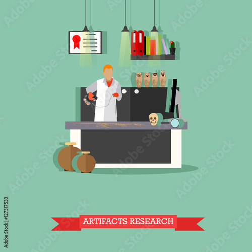 Vector illustration of artifacts research in laboratory with special equipment