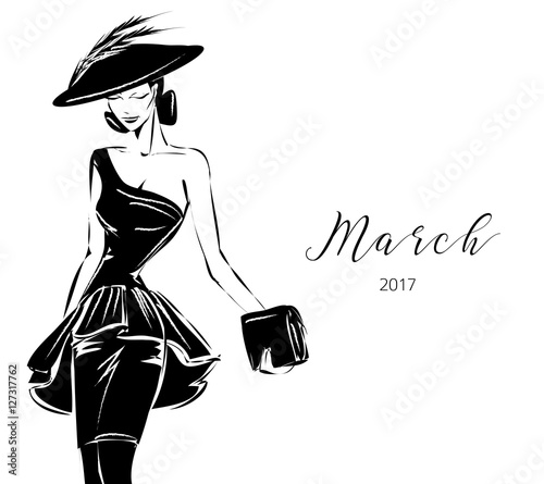 Black and white fashion woman model with boutique logo background