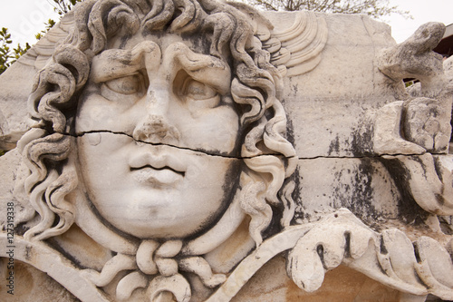 Stone carving at the ancient ruins of Miletus in western Turkey