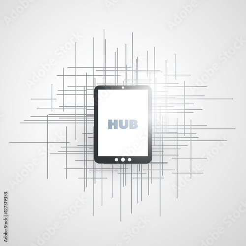 Abstract Cloud Computing and Global Network Connections Concept Design with Digital Tablet, Wireless Mobile Device, Transparent Geometric Mesh - Illustration in Editable Vector Format