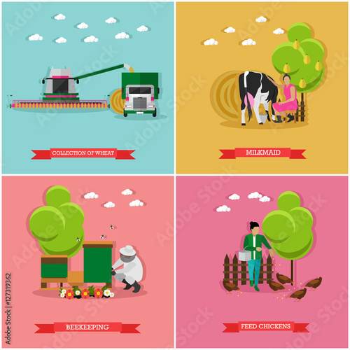 Vector set of farming, harvesting, beekeeping concept banners, flat style