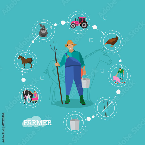Farmer with pitchfork and bucket, farming infographic elements, vector illustration
