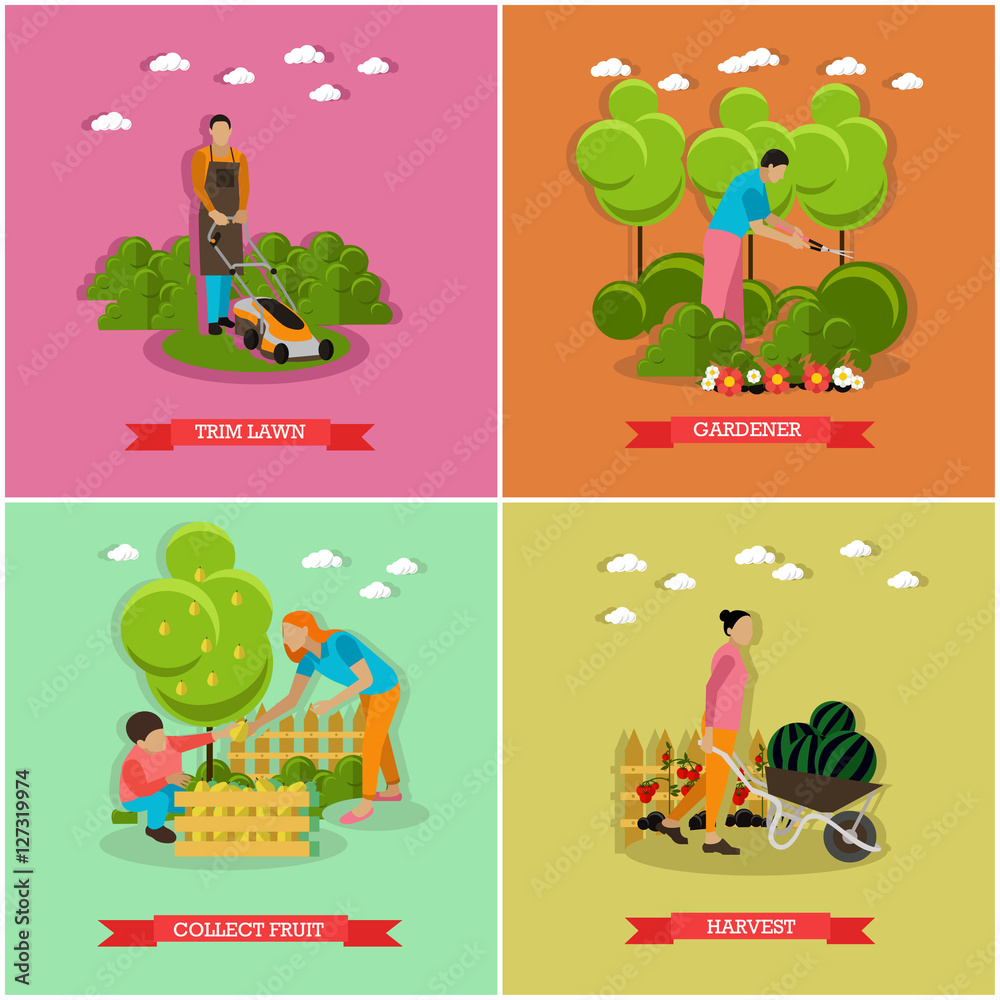 Fototapeta premium Vector set of gardening and harvesting concept banners, posters