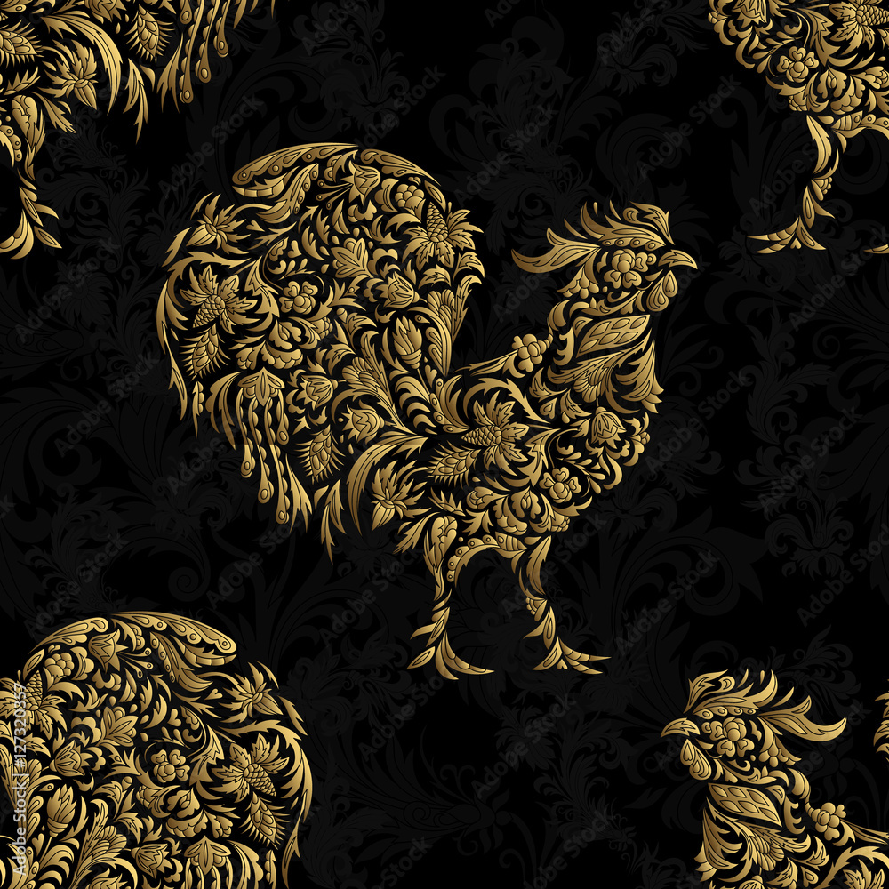 Seamless pattern with golden rooster on black background. 2017 new ...