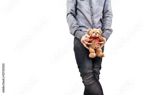 Man with teddy bear.