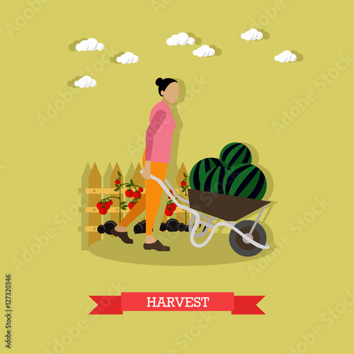 Woman with pushcart full of watermelons, vector illustration