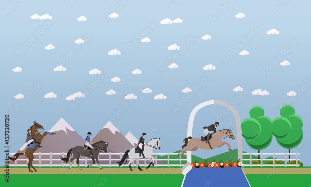 Obraz premium Horseback riding, show jumping, equestrian sport concept vector illustration.