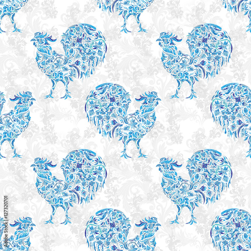 Seamless texture with rooster- symbol of 2017 (fire cock). Suitable for design: cloth, web, wallpaper, wrapping. Vector illustration for New Year's design. Stylized floral doodle pattern
