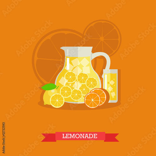 Refreshing lemonade with lemons, oranges and ice, vector