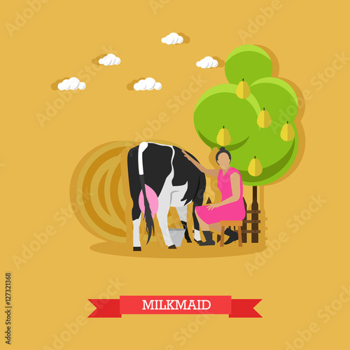 Milkmaid sitting near cow on farm, vector illustration