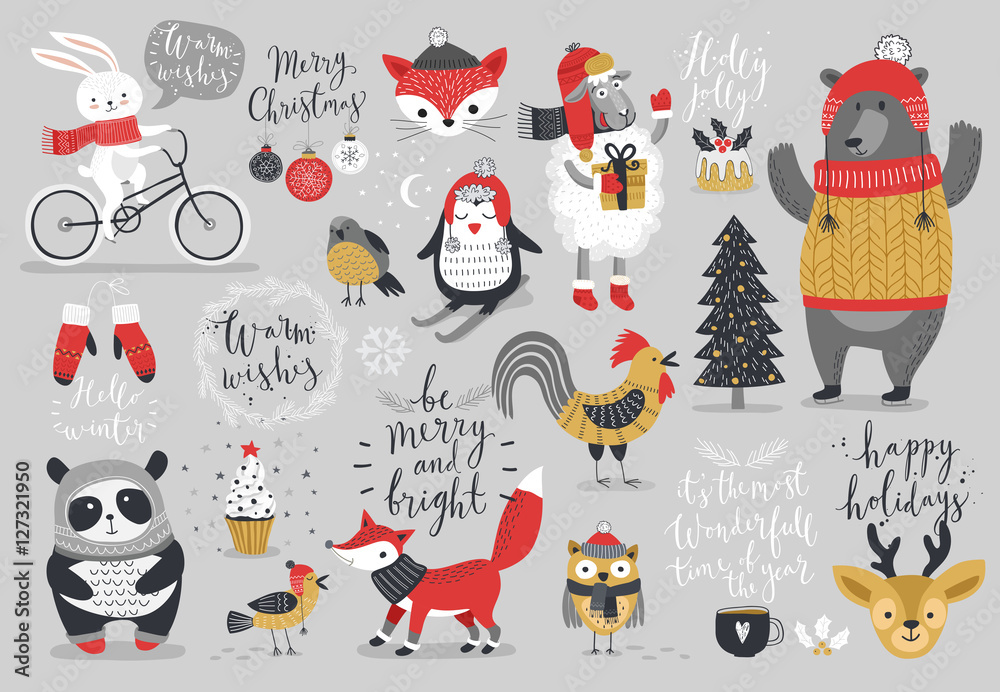 Fototapeta premium Christmas set, hand drawn style - calligraphy, animals and other elements.