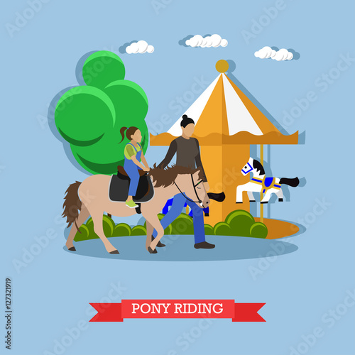 Little girl riding pony with instructor in amusement park, vector