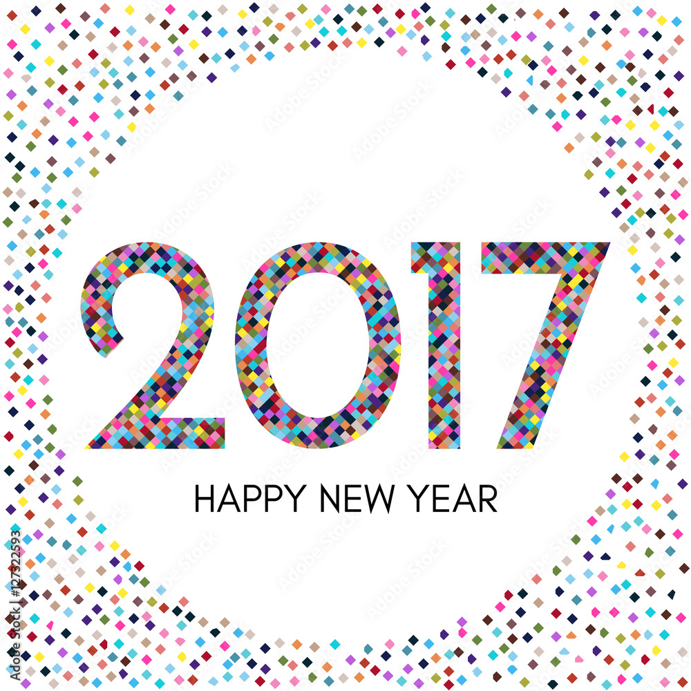Happy New Year 2017 label with colorful confetti. New Year and Xmas Design Element Template. Vector Illustration.
Happy New Year 2017 label with colorful confetti. New Year and Xmas Design Element Template. Vector Illustration.