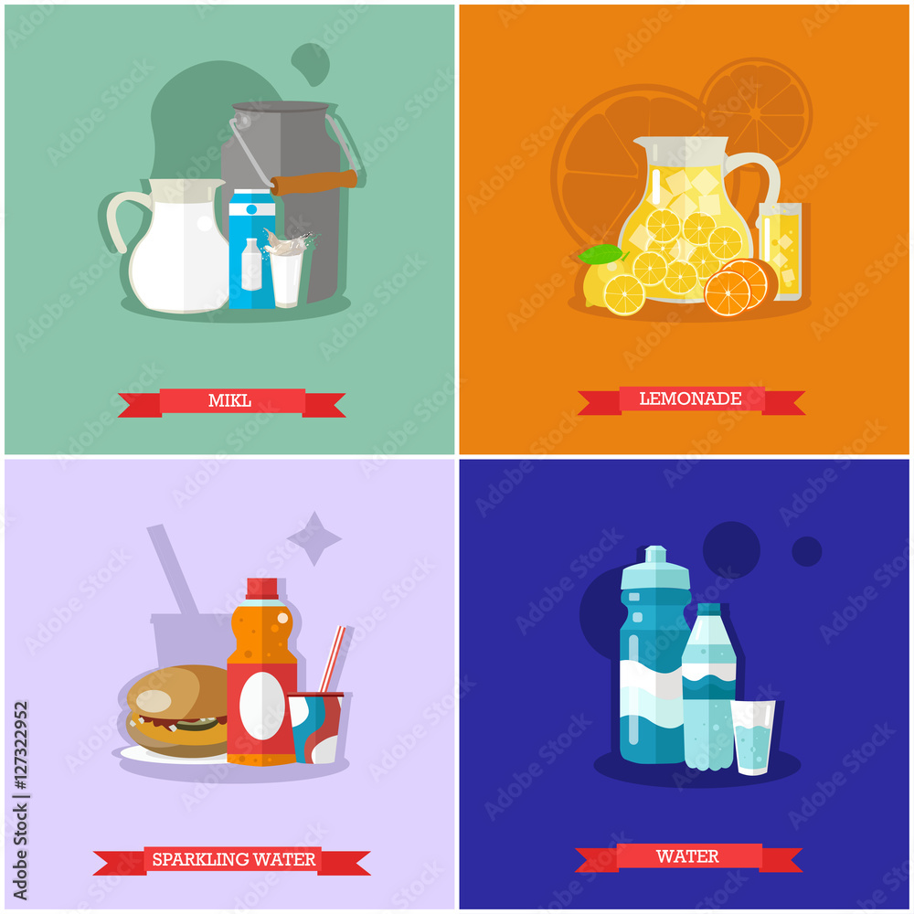 Vector set of soft drinks concept banners, posters, flat style