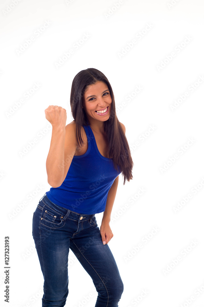 young attractive hispanic woman in casual top and jeans smiling happy and cheerful isolated young attractive hispanic woman in casual top and jeans smiling happy and cheerful isolated