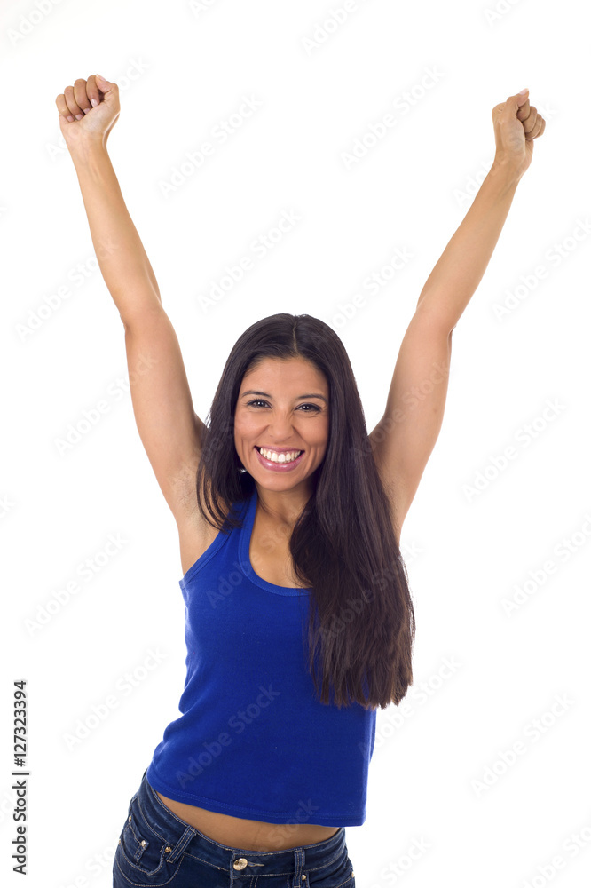 young attractive hispanic woman in casual top and jeans smiling happy and cheerful isolated young attractive hispanic woman in casual top and jeans smiling happy and cheerful isolated
