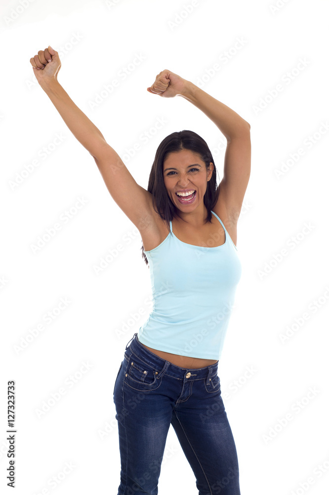 young attractive hispanic woman in casual top and jeans smiling happy and cheerful isolated young attractive hispanic woman in casual top and jeans smiling happy and cheerful isolated